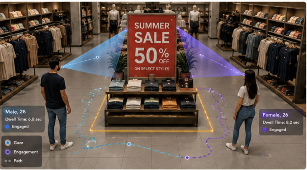 Retail mannequin and signage analytics with customer gaze and path overlays